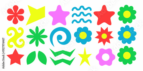 Colorful assortment of geometric shapes and floral like designs