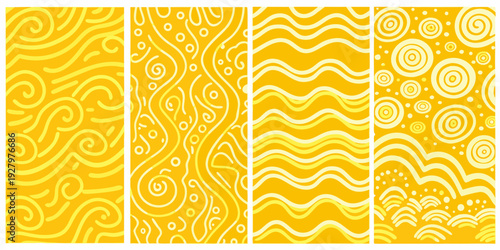 Four yellow patterns with swirling wavy and circular motifs displayed vertically