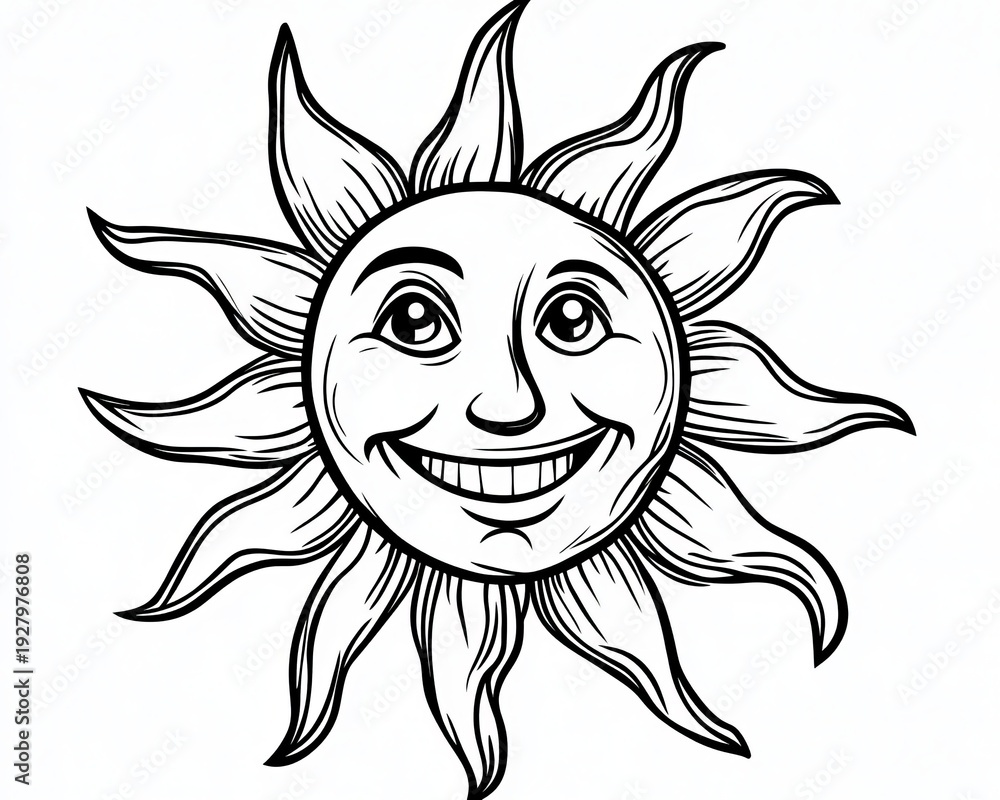 Fototapeta premium Happy Cartoon Sun Character Illustration with Smiling Face in Black and White for Various Designs