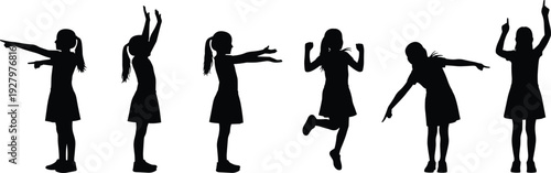 Comprehensive Little Girl Silhouette Set Featuring Vector Symbols of Child Pointing Celebrating Jumping and Diverse Expressive Action Gestures