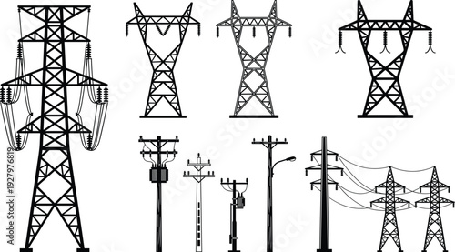 Electric transmission tower and utility pole silhouettes set, high voltage power line infrastructure vector illustration isolated on white