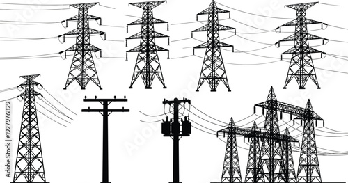 Electric power transmission tower collection, high voltage pylons and utility poles set vector silhouette isolated on white background