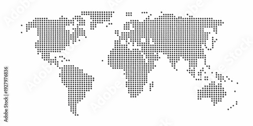Dot matrix world map illustration depicting global geography and continents