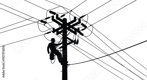 Electrician worker silhouette on utility pole, electrical power line maintenance technician repairing high 