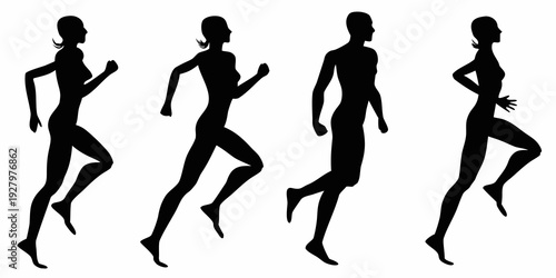Silhouettes of four people in dynamic running poses against a white background