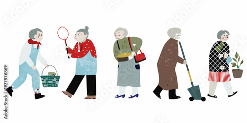 A charming illustration depicts a group of elderly women enjoying life