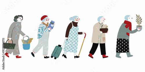 A line of diverse elderly women walking in a stylized illustration