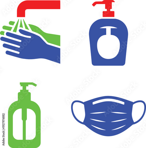 Hygiene safety icons with hand washing and face mask protection in blue red green colors