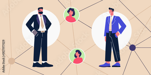 Illustration of business professionals connected by a network of lines