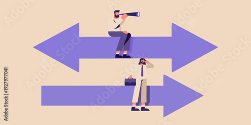 A person uses binoculars to observe a crossroads with directional arrows