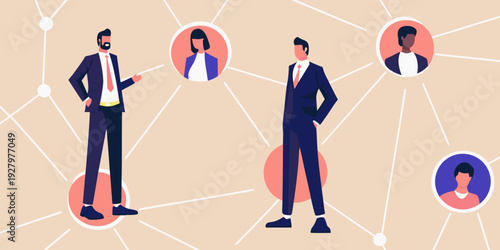 Business professionals connected by a network of lines and circular portraits