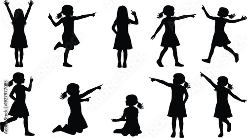 Comprehensive Little Girl Silhouette Set Featuring Vector Symbols of Child Pointing Jumping Running and Happy Physical Activity Milestones