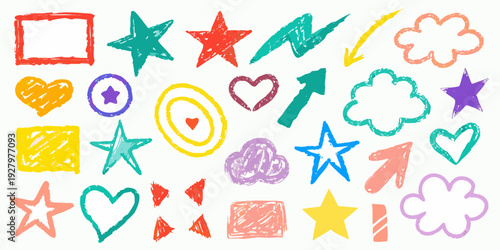 Colorful crayon drawings of various shapes and doodles on white background