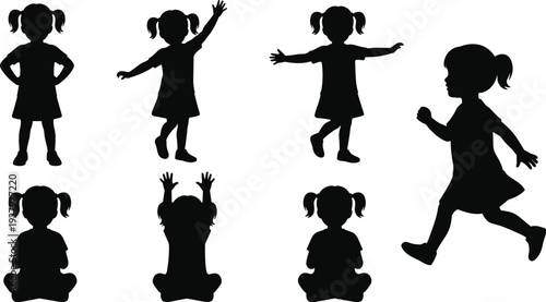 Comprehensive Little Girl Silhouette Set Featuring Vector Symbols of Child Running Jumping Playing and Diverse Happy Childhood Expressions