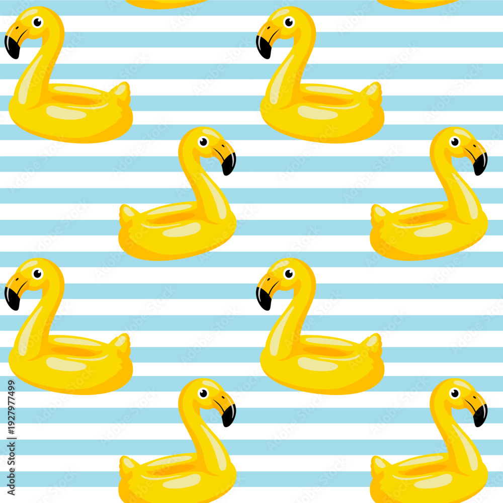 Obraz premium Seamless pattern, yellow flamingo float, shaped inflatable rubber ring, summer vacation, swimming pool, sea, beach, designs for children graphics
