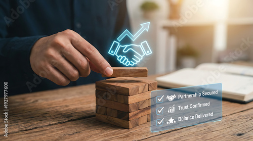 Business partnership handshake icon on stacked wooden blocks with checklist on desk in office