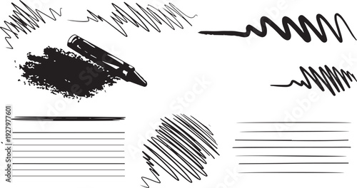 A series of organic, hand-drawn black ink elements ranging from energetic zig-zag scribbles to minimalist horizontal dividers.