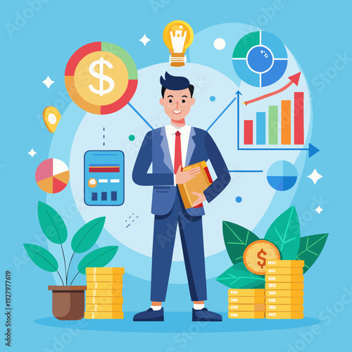 business man with money. Investment and finance growth concept. Businessman analyzing money, profit, income