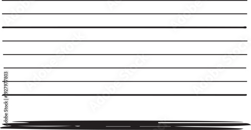 A set of ten mostly parallel, horizontal black lines with varied lengths and thicknesses, appearing to be hand-drawn on a white background. The lines have a minimalist and sketchy aesthetic.