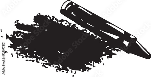 A high-contrast black and white graphic featuring a classic wax crayon alongside a dense, textured rubbing. This minimalist illustration captures the tactile feel of analog art.