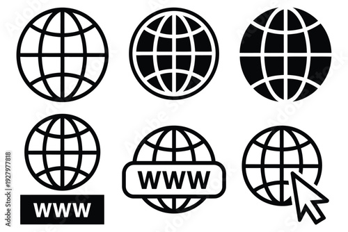 Globe and WWW icons for web and internet, global communication and network connection symbols, world wide web concept, editable vector