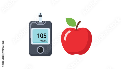 Blood glucose meter and healthy red apple for diabetes management