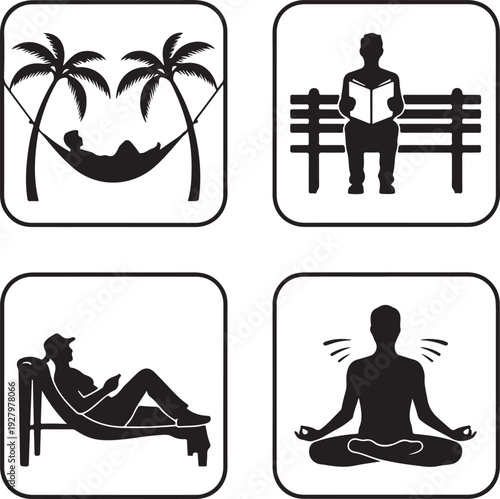 Four black silhouette depicting relaxation and leisure activities