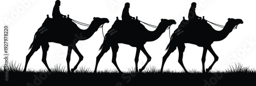 Desert caravan camel riders silhouette traveling across vast dunes horizon traditional nomadic journey arabian landscape vector illustration sunset scene desert