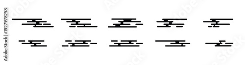 Collection of Minimalist Black Speed Lines and Motion Glitch Strokes Representing Velocity, Fast Movement, Industrial Energy, and Digital Signal Interference