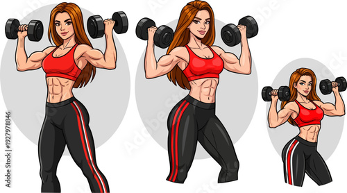 Fitness woman icon set, includes exercising, workout, dumbbell, and athletic female. Created in colorful vector style.