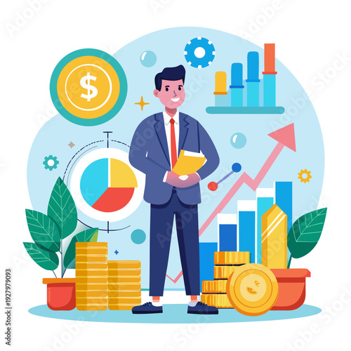 business man with money. Investment and finance growth concept. Businessman analyzing money, profit, income