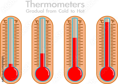 Thermometer set. Old, classic degrees of temperature gradually increasing from hot to cold. Retro, wood mercury glass thermometer. Fahrenheit, celsius symbol.  illustration vector