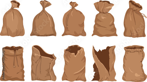 Brown Burlap Sacks Collection Empty and Filled Bags Stacked Open Storage Rustic Packaging Farming Textile Vintage CAD Flat Vector Illustration