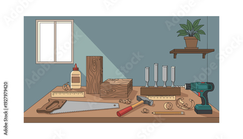 Woodworking tools and materials on a workbench in a cozy workshop