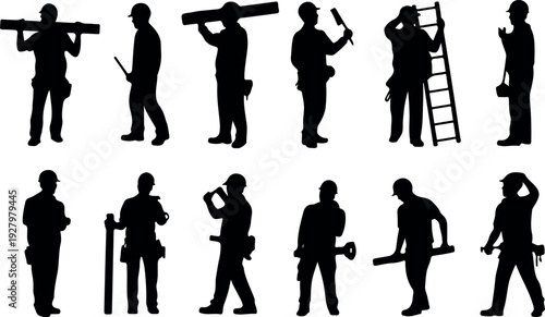 Construction Worker Silhouettes with Tools and Ladder Illustration Labor Man Icon Set Black Vector Builder Contractor Handyman Graphic