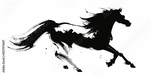 Dynamic black ink wash painting of a galloping horse in motion