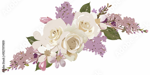 A delicate arrangement of lilacs roses and other blooming flowers