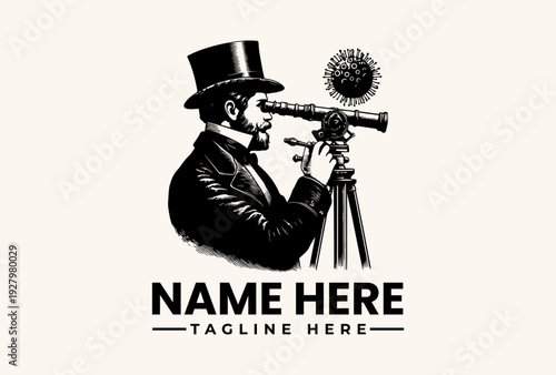 A black and white illustration of a man in a top hat looking through a telescope at a virus, with a placeholder text for name and tagline on a plain background.