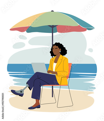 Flat, stylized vector illustration of an African american woman with a prosthetic leg working on a laptop while seated on a beach chair beneath a multicolored umbrella.