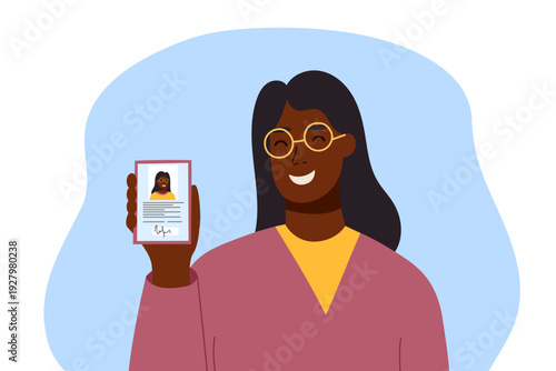Woman holding an ID document and looking into camera isolated on white background. Vector flat clipart. Concept of identity, verification, passport or ID check and personal data.
