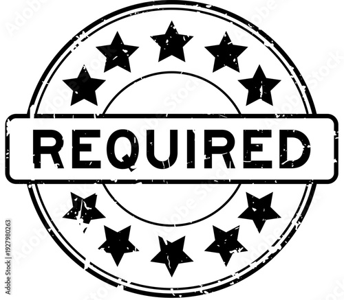 Grunge black required word with star icon round rubber seal stamp on white background
