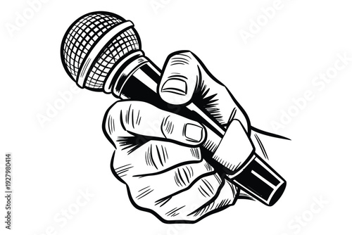 Hand holding microphone, singer performing live, public speaking, podcasting, black and white line art illustration