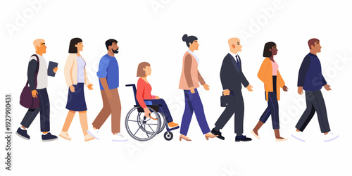 Diverse group of people walking in a line including a wheelchair user