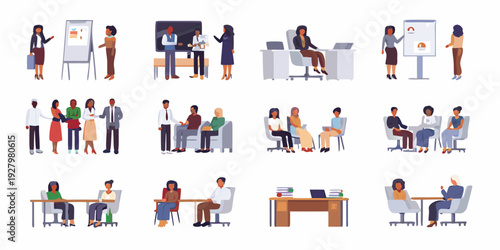 Diverse group of people collaborating in various business meeting scenarios