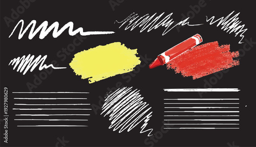 A collection of hand-drawn crayon elements set against a dark chalkboard-style background. The set includes various white scribbles, zig-zag lines, and straight ruled lines that mimic chalk or crayons