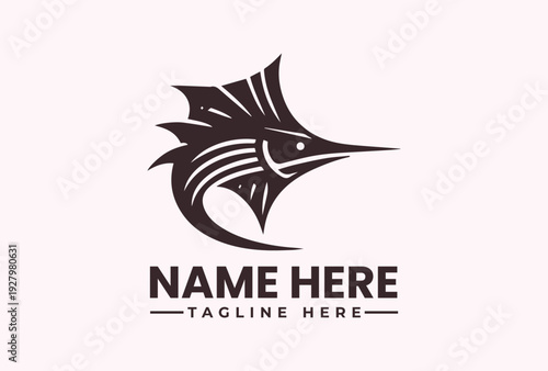 A stylized illustration of a marlin fish logo with a bold design on a light pink background, featuring placeholder text for a name and tagline.