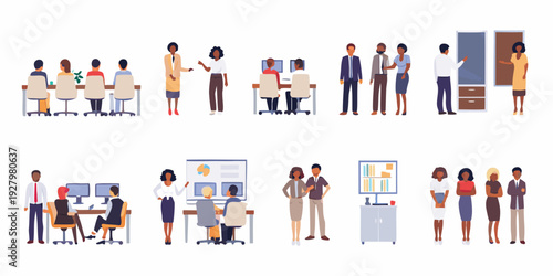 Diverse group of professionals collaborating in various office settings