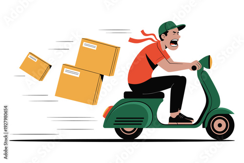 Pizza delivery man on scooter losing boxes funny courier in hurry fast food service vector illustration