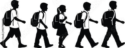 Set of black silhouettes of school children with backpacks walking in a row for education back to school student life and childhood learning concepts