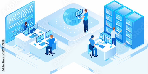 Isometric illustration of a modern data center with people working